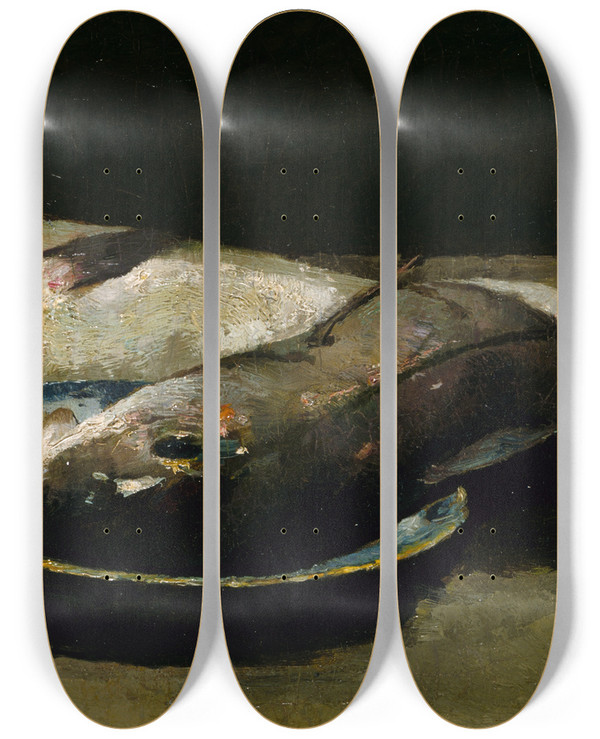 Triptych art skateboard deck of Emil Carlsen Haddock by Emil Carlsen (1848-1932)