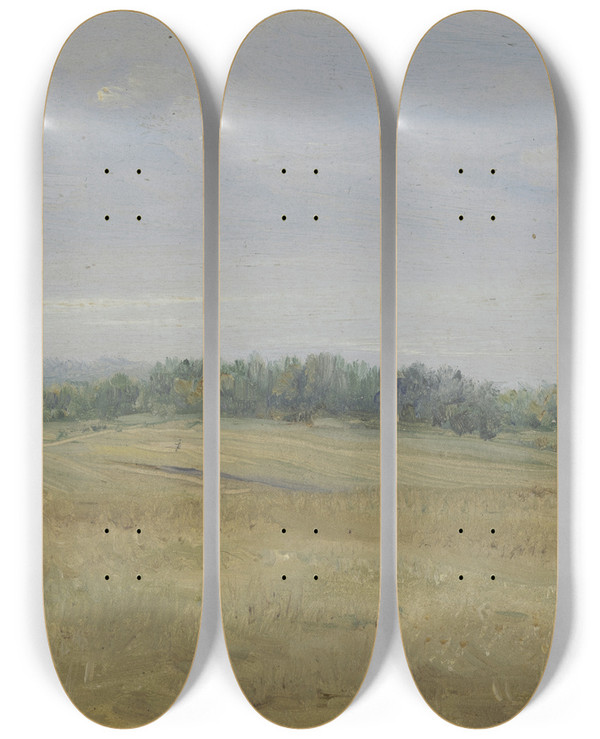 Triptych art skateboard deck of Wilhelm Amandus Beer Flat Landscape With Meadows by Wilhelm Amandus Beer (1837-1907)
