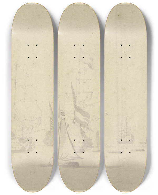 Triptych art skateboard deck of Willem Van De Velde The Younger Eine Flotte Rechts Das Reich Beflackte Admiralsschiff Umgeben Von Vielen Booten by Willem van de Velde the Younger (1633-1707)