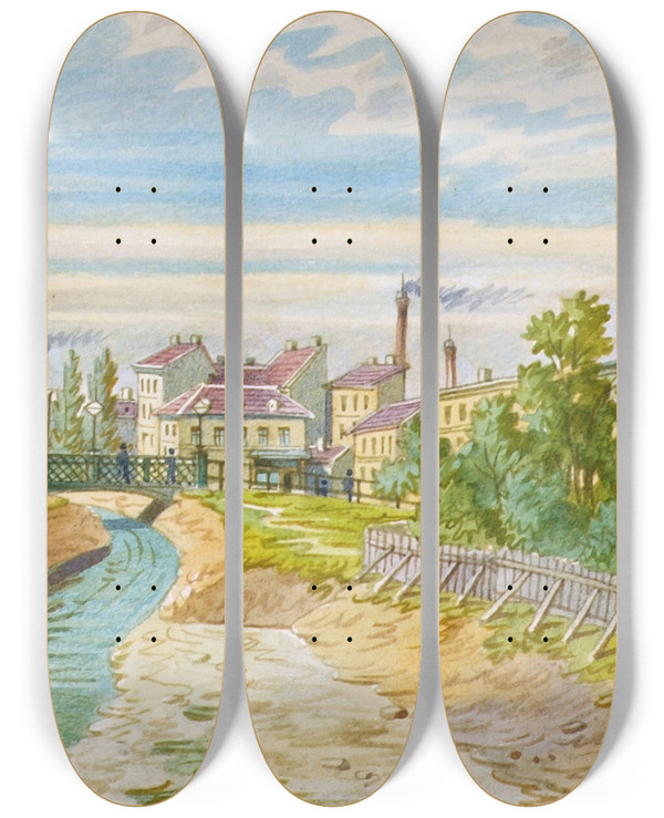 Triptych art skateboard deck of Franz Gerasch Die Magdalenenbrcke Ber Den Wienfluss by Franz Gerasch (1826-1906)