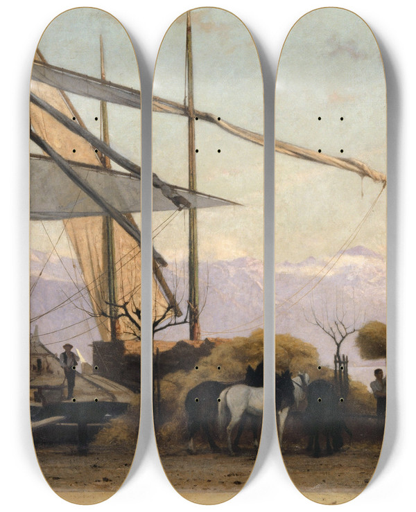 Triptych art skateboard deck of Franois Bocion Unloading The Hay In Ouchy by Francois Bocion (1828-1890)