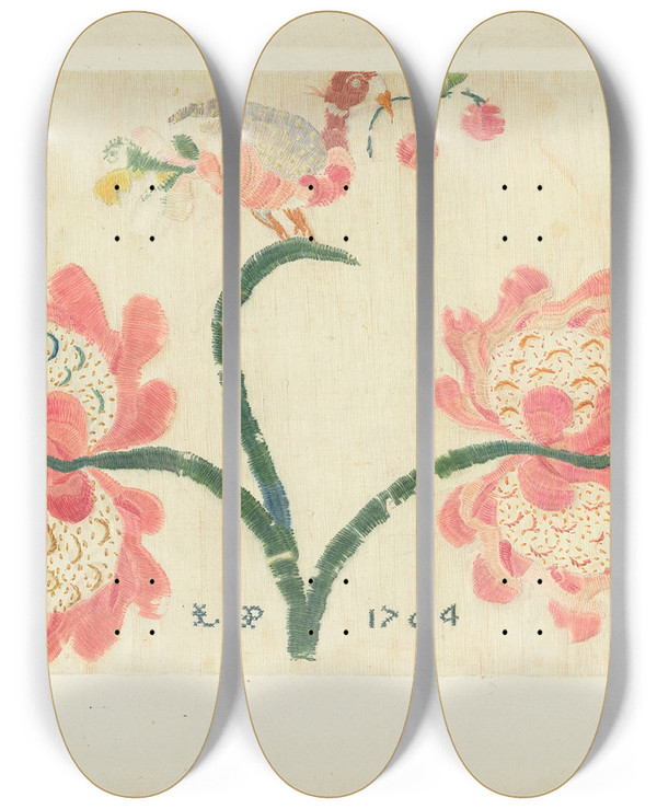 Triptych art skateboard deck of Helen E Gilman Crewel Bed Hanging by Helen E Gilman