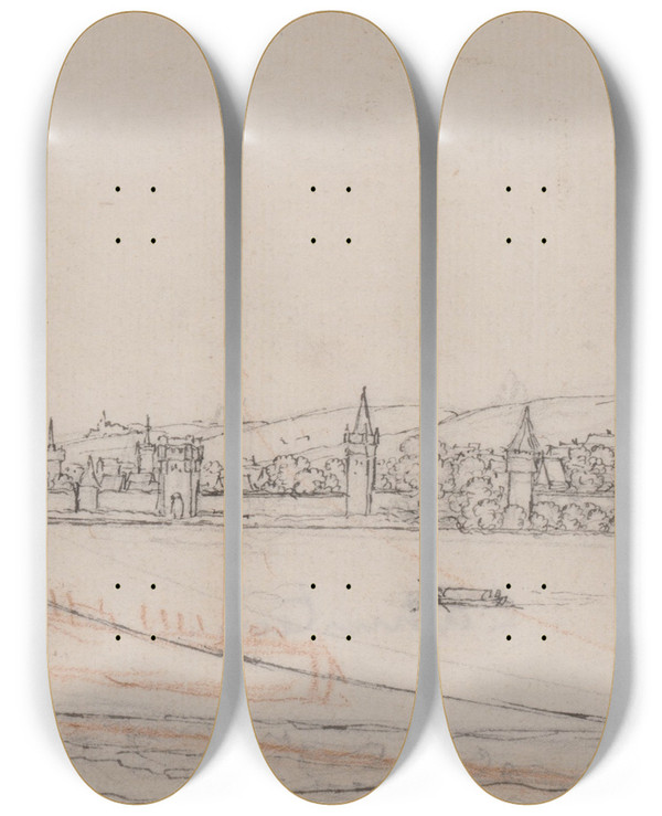 Triptych art skateboard deck of Wenceslaus Hollar View Of Lahnstein On The River Rhine by Wenceslaus Hollar (1607-1677)