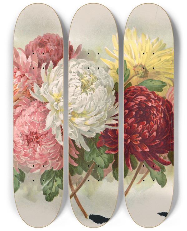Triptych art skateboard deck of Paul De Longpre A Cluster Of Beauty by Paul de Longpre (1855-1911)