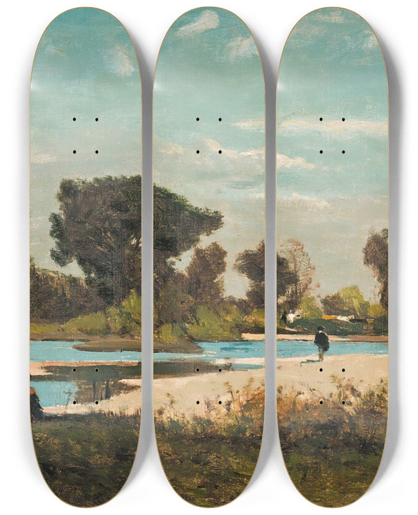 Triptych art skateboard deck of Henrijoseph Harpignies Paysage_1 by Henri Joseph Harpignies (1819-1916)