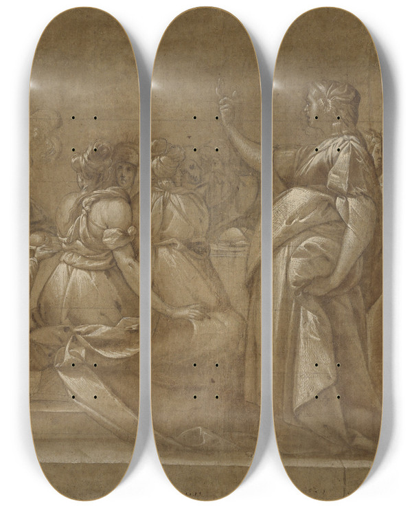 Triptych art skateboard deck of Pier Francesco Mazzucchelli A Banquet by Pier Francesco Mazzucchelli (1573-1626)
