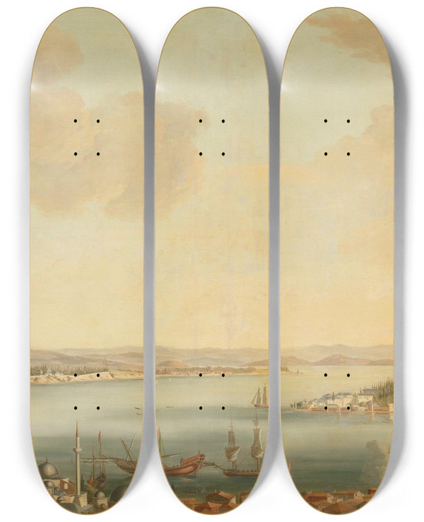 Triptych art skateboard deck of Antoine Van Der Steen View Of Constantinople Istanbul And The Seraglio From The Swedish Legation In Pera by Antoine van der Steen (18-)