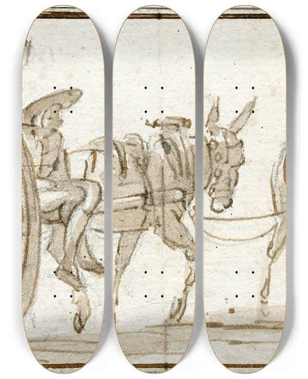 Triptych art skateboard deck of Otto Howen Een Karos Getrokken Door Twee Ezels by Otto Howen (1774-1848)