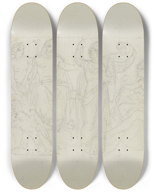 Triptych art skateboard deck of Moritz Von Schwind Die Geburt Der Athena by Moritz Von Schwind (1804-1871)