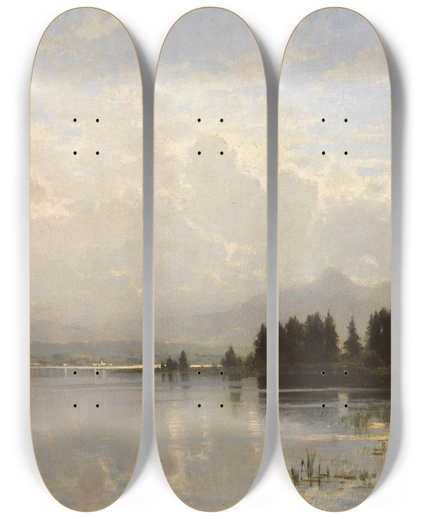 Triptych art skateboard deck of Richard Von Poschinger Heuboot Bei Der Berfahrt Wohl Oberbayerischer See by Richard Von Poschinger (1839-1915)