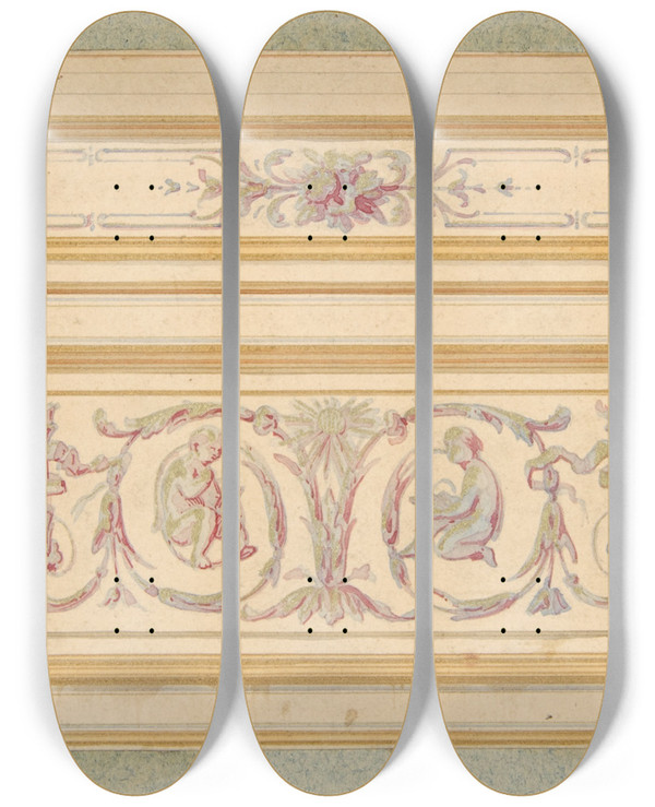 Triptych art skateboard deck of Julesedmondcharles Lachaise Design For A Ceiling With Two Putti And Symbols For The Arts by Jules-Edmond-Charles Lachaise (1897)