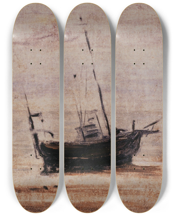 Triptych art skateboard deck of Eugne Boudin Bateaux Chous Mare Basse by Eugene Boudin (1824-1898)