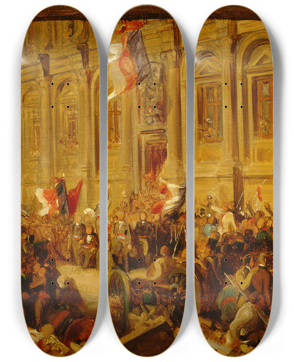 Triptych art skateboard deck of Henri Flix Emmanuel Philippoteaux Lamartine Repoussant Le Drapeau Rouge Lhtel De Ville Le 25 Fvrier 1848 by Henri Felix Emmanuel Philippoteaux (1815-1884)