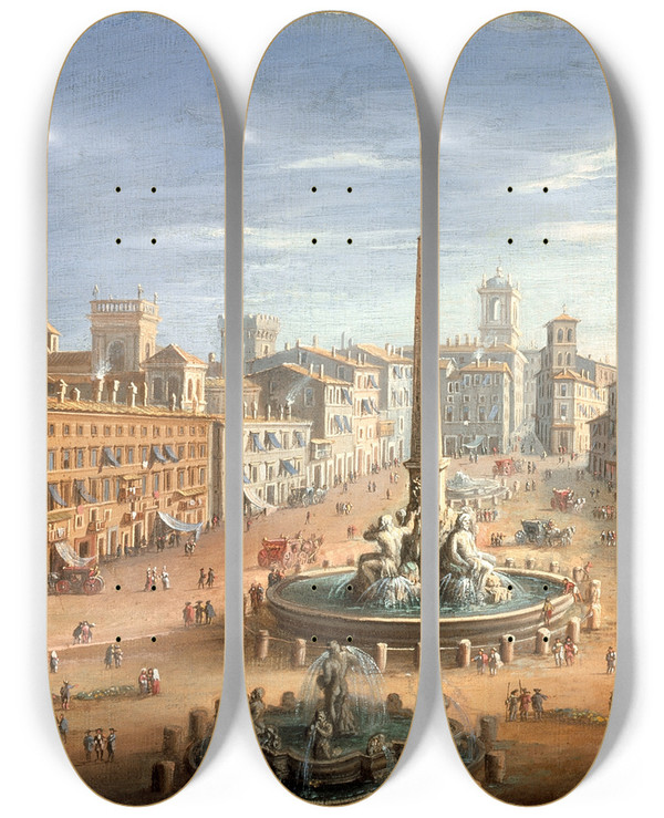 Triptych art skateboard deck of Hendrik Frans Van Lint View Of The Piazza Navona Rome by Hendrik Frans Van Lint (1684-1763)