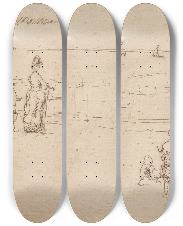 Triptych art skateboard deck of James Abbott Mcneill Whistler The Beach Ostend by James Abbott Mcneill Whistler (1834-1903)