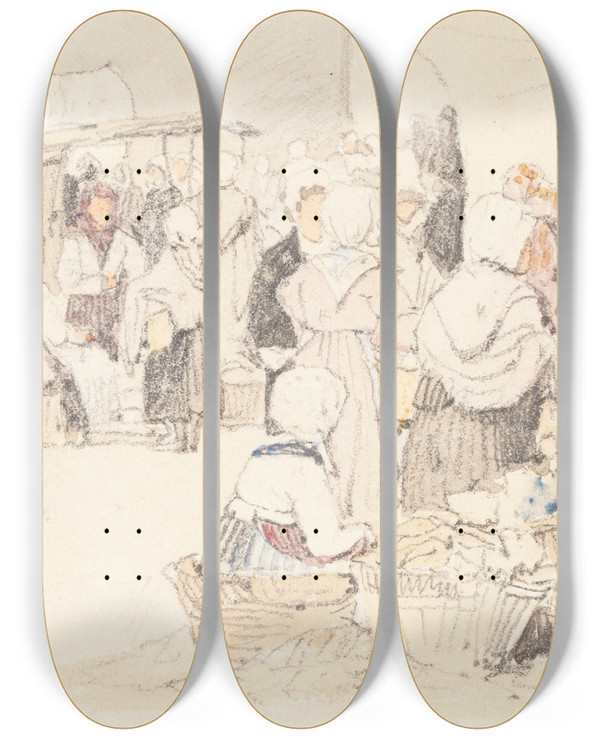Triptych art skateboard deck of Samuel Prout An Outdoor Market by Samuel Prout (1783-1852)