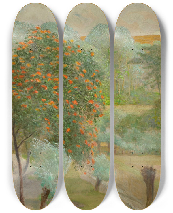 Triptych art skateboard deck of Jacek Malczewski Landscape With Rowanberry by Jacek Malczewski (1854-1929)
