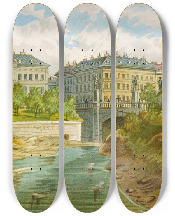 Triptych art skateboard deck of Franz Gerasch Die Elisabethbrcke Ber Den Wienflu by Franz Gerasch (1826-1906)