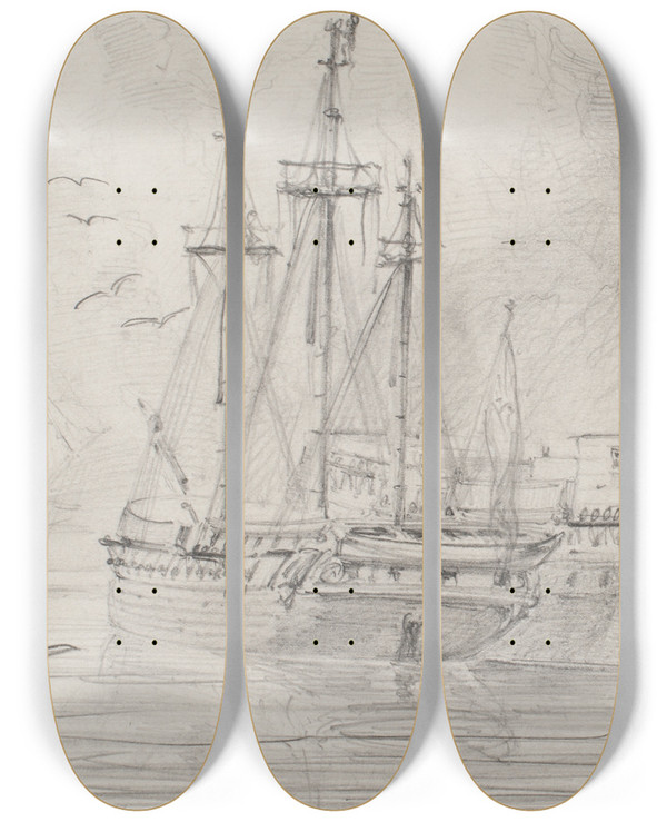 Triptych art skateboard deck of Bror Jacob Adelborg Segelfartyg P Redden Stockholms Strm by Bror Jacob Adelborg (1816-1865)