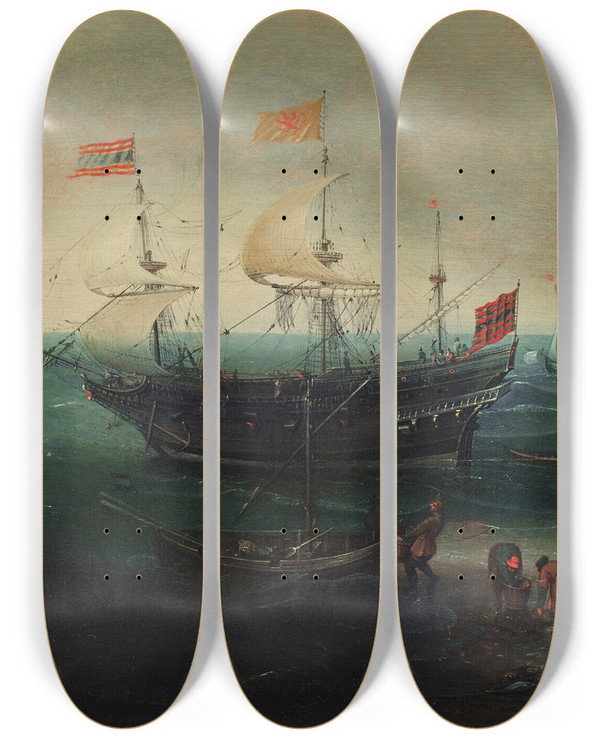 Triptych art skateboard deck of Cornelis Claesz Van Wieringen A Coastline With Ships And Figures On The Shore by Cornelis Claesz. van Wieringen (1577-1633)