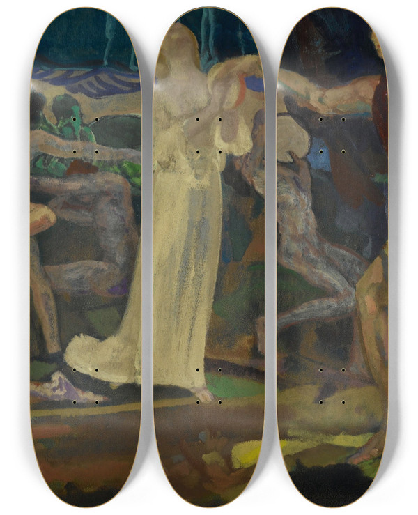Triptych art skateboard deck of Arthur Bowen Davies Freshness Of The Wounded by Arthur Bowen Davies (1862-1928)
