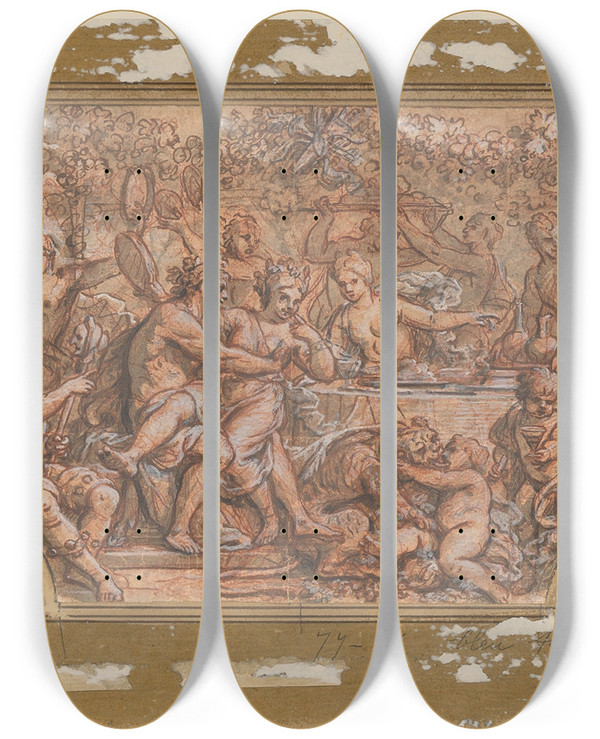 Triptych art skateboard deck of Guy Louis Vernansal The Elder The Wedding Feast Of Bacchus And Ariadne by Guy Louis Vernansal The Elder (1648-1729)