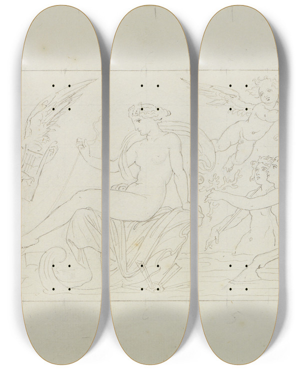 Triptych art skateboard deck of Moritz Von Schwind Die Meerfahrt Der Aphrodite by Moritz Von Schwind (1804-1871)