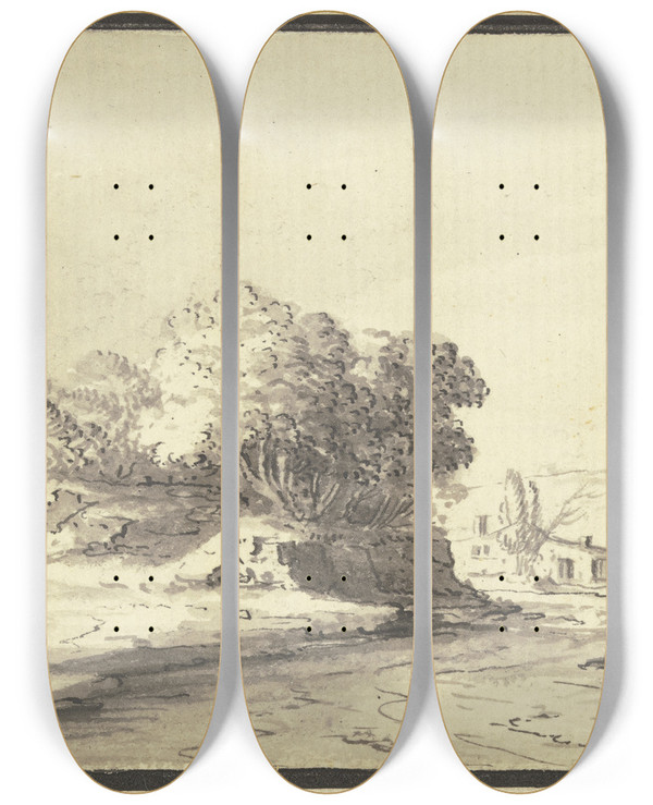 Triptych art skateboard deck of Johann Ludwig Aberli Weite Hgelige Landschaft Mit Einer Strae by Johann Ludwig Aberli (1723-1786)