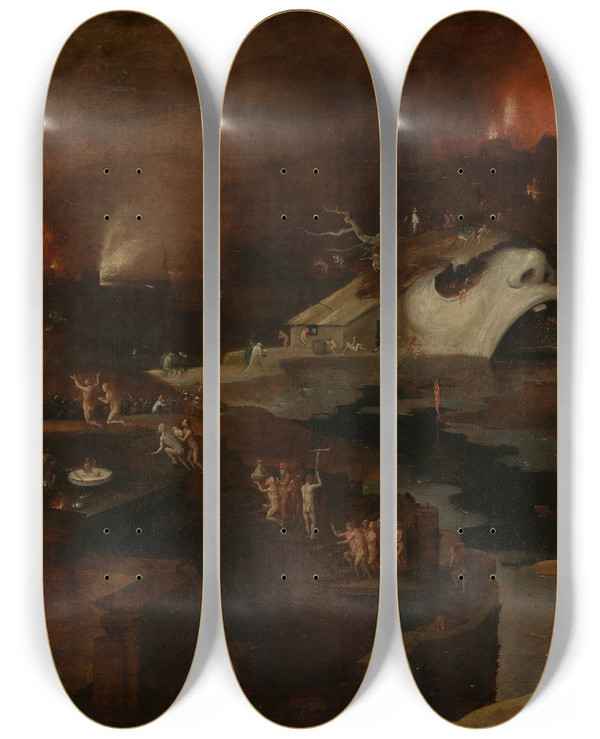 Triptych art skateboard deck of Follower Of Hieronymus Bosch Christs Descent Into Hell by Follower Of Hieronymus Bosch (1450-1516)