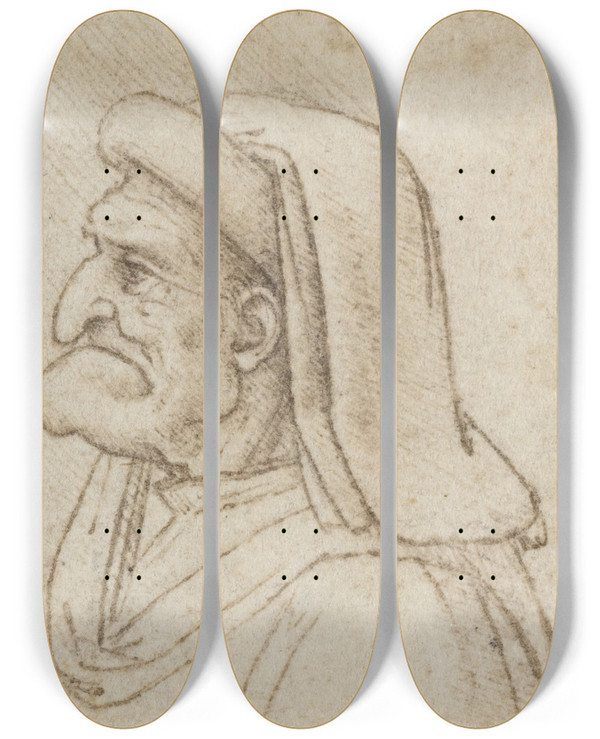 Triptych art skateboard deck of Francesco Melzi Two Grotesque Heads by Francesco Melzi (1491-1570)