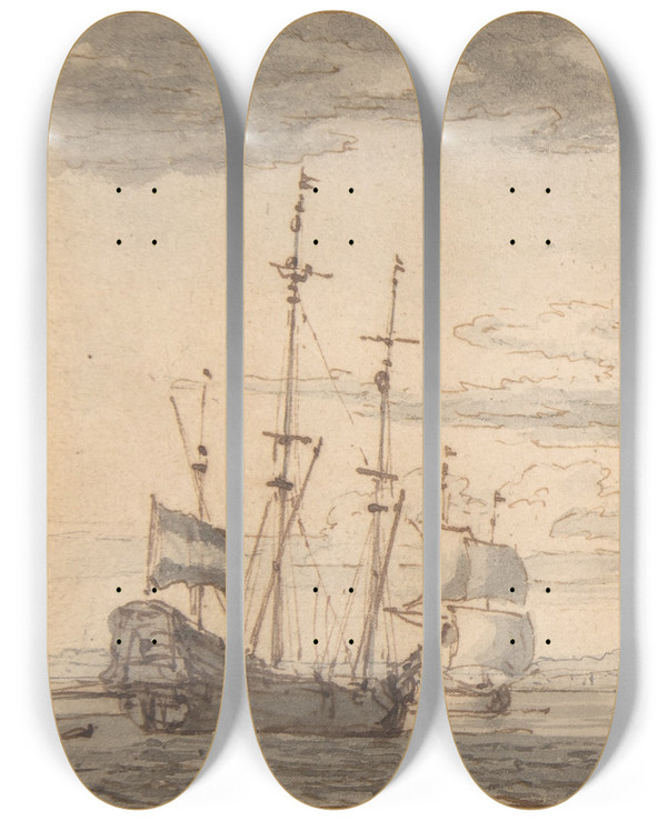 Triptych art skateboard deck of Willem Van De Velde The Younger Dutch Ships In A Bay by Willem van de Velde the Younger (1633-1707)