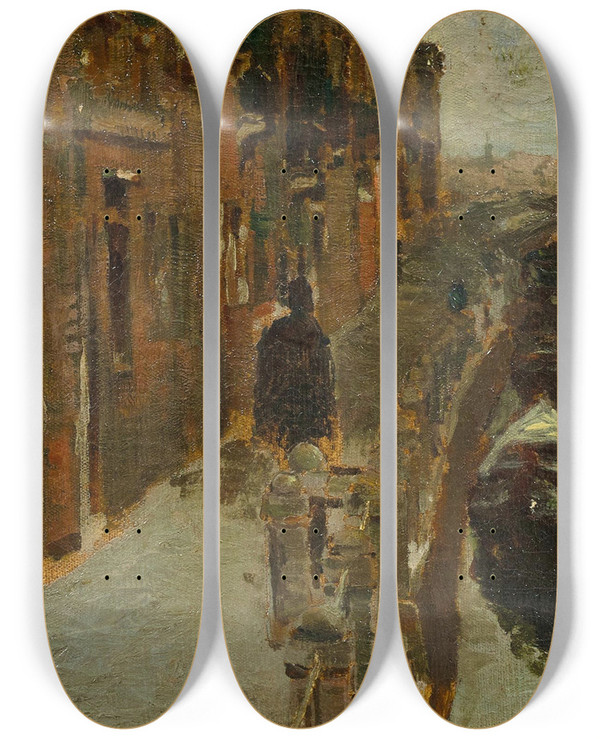 Triptych art skateboard deck of Pietro Fragiacomo Venice A View Of A Winter Canal by Pietro Fragiacomo (1856-1922)