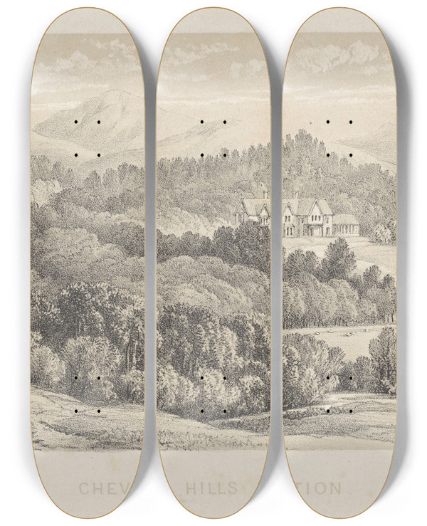 Triptych art skateboard deck of Charles Decimus Barraud New Zealand Graphic And Descriptive Plate Iv Cheviot Hills Station by Charles Decimus Barraud (1822-1897)