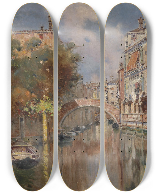Triptych art skateboard deck of Antonio Mara De Reyna Manescau Blick Auf Einen Kanal In Venedig by Antonio Maria De Reyna Manescau (1859-1937)