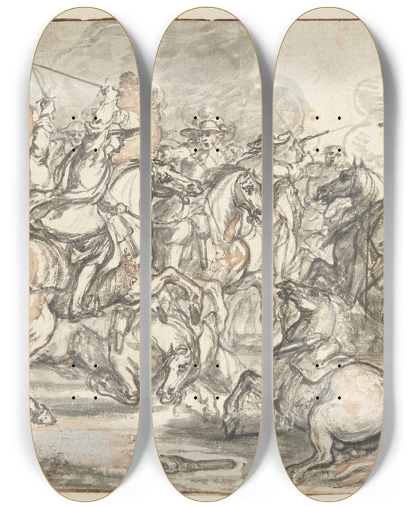 Triptych art skateboard deck of Adam Frans Van Der Meulen Rytterkamp by Adam Frans van der Meulen (1632-1690)