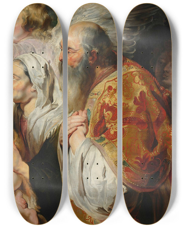 Triptych art skateboard deck of Jacob Jordaens Holy Family Surrounded By Angels by Jacob Jordaens (1593-1678)