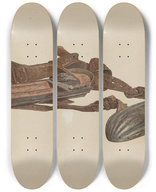 Triptych art skateboard deck of Raymond Neumann Snow Skates by Raymond Neumann