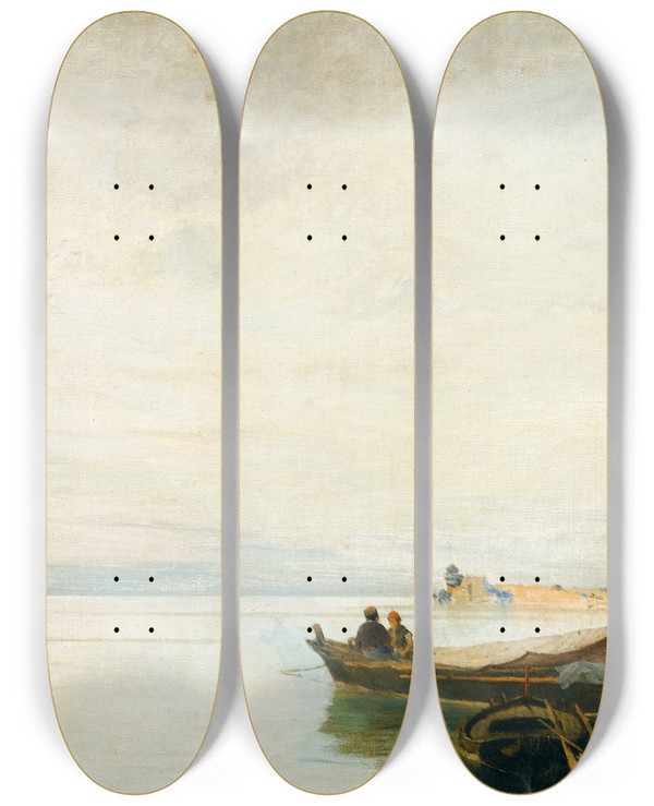 Triptych art skateboard deck of Constantinos Volanakis Sunset Over A Greek Port by Konstantinos Volanakis (1837-1907)