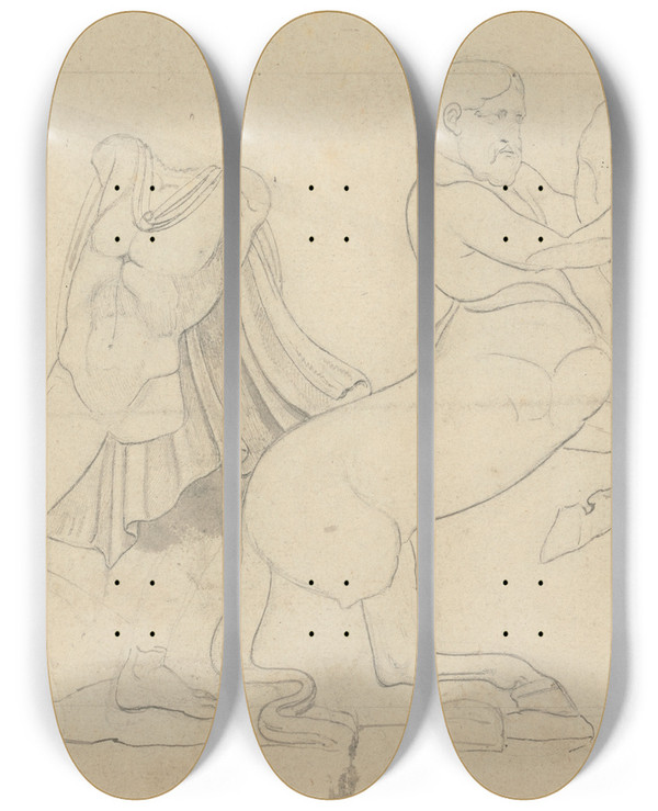 Triptych art skateboard deck of William Pars Sketch Of Centaurs And Lapiths From A Frieze by William Pars (1742-1782)