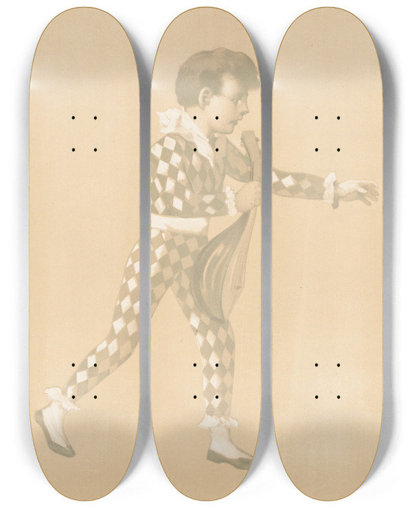 Triptych art skateboard deck of Jean De Paleologue Child Chasing A Dog Who Is Chasing A Goose by Jean de Paleologue (1855-1942)
