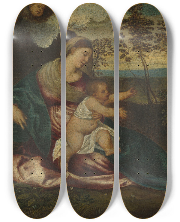 Triptych art skateboard deck of Polidoro Lanzani Madonna And Child And The Infant Saint John In A Landscape by Polidoro Lanzani (1515-1565)
