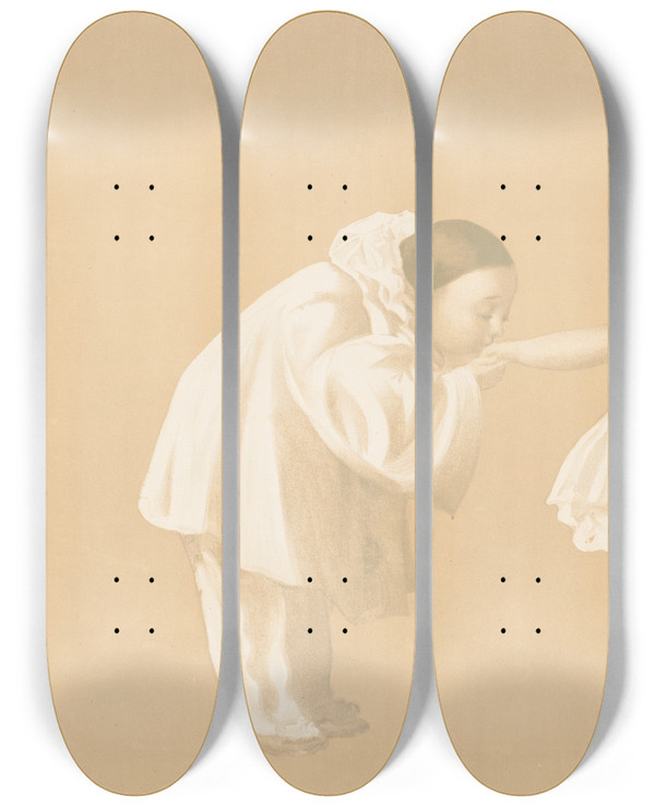 Triptych art skateboard deck of Jean De Paleologue Clown Kissing Girls Hand by Jean de Paleologue (1855-1942)