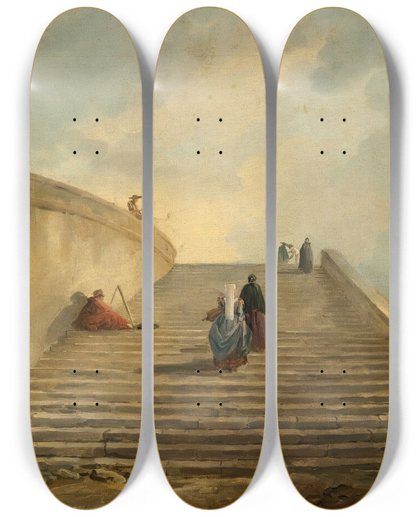 Triptych art skateboard deck of Hubert Robert A Grand Staircase by Hubert Robert (1733-1808)