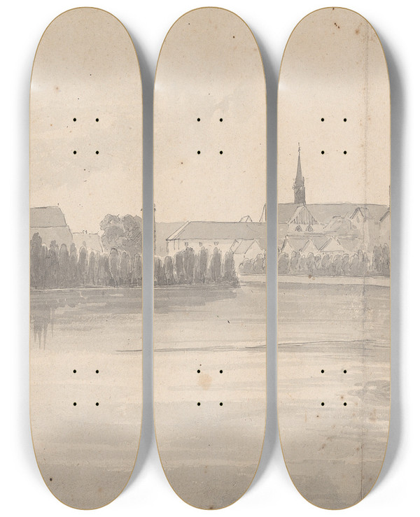 Triptych art skateboard deck of Isaac Weld Village On A Lake by Isaac Weld (1774-1856)