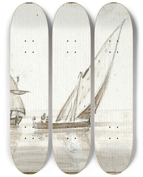 Triptych art skateboard deck of Otto Howen Zeilscheepjes Bij Een Kust by Otto Howen (1774-1848)