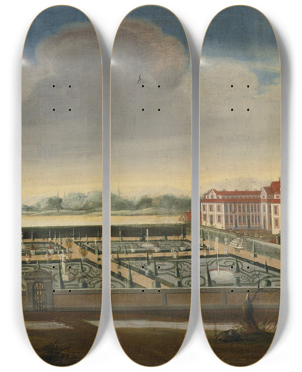 Triptych art skateboard deck of David Von Cln View Of Ulriksdal From The South by David Von Coln (1689-1763)