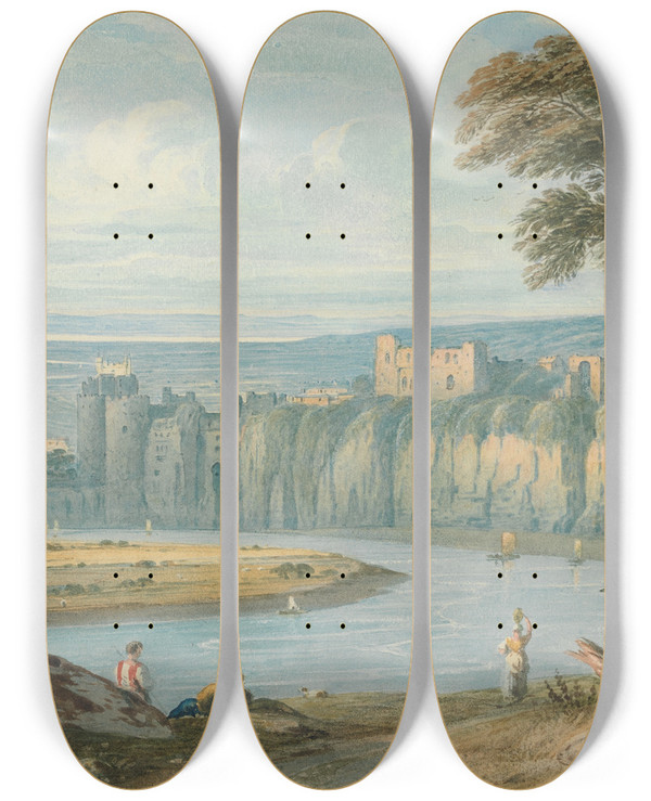Triptych art skateboard deck of John Varley Chepstow Castle by John Varley (1778-1842)