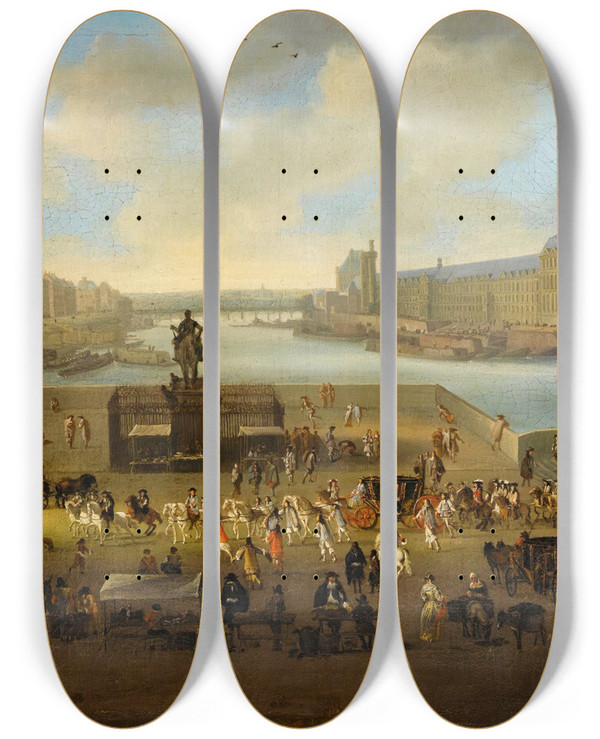 Triptych art skateboard deck of Jean Baptiste Martin Paris A View Of The Pont Neuf With Royal Parade by Jean Baptiste Martin (1659-1735)