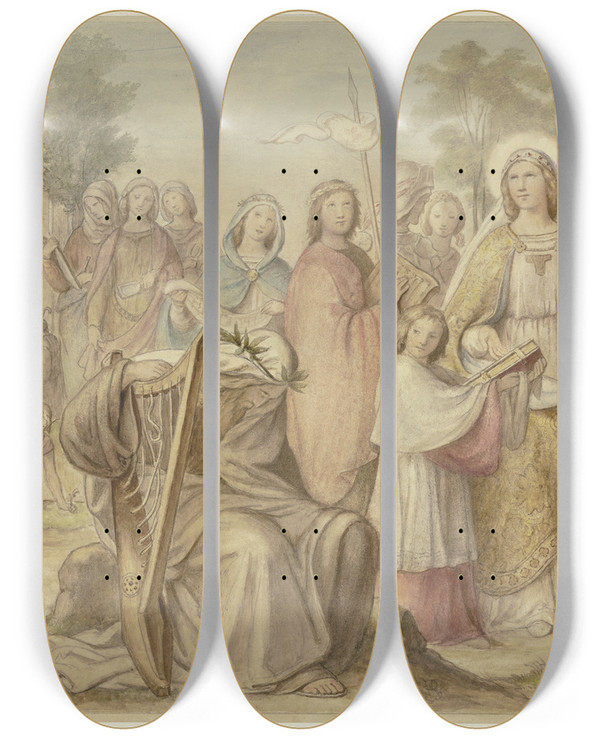 Triptych art skateboard deck of Philipp Veit The Introduction Of The Arts In Germany Through Christianity by Philipp Veit (1793-1877)