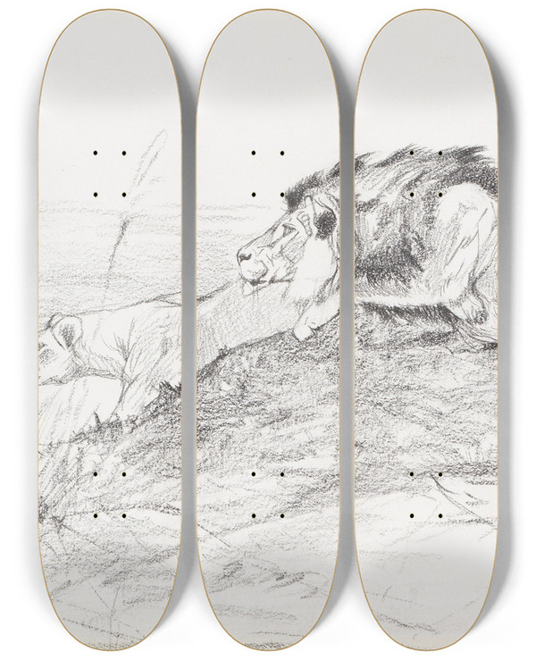 Triptych art skateboard deck of Wilhelm Kuhnert Lwen Auf Der Lauer by Wilhelm Kuhnert (1865-1926)